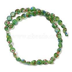 Handmade Millefiori Lampwork Beads Strands, Flat Round, Green, 7.5~8x3mm, Hole: 0.6mm, about 48pcs/strand, 14.06''~14.17''(35.7~36cm)(LAMP-G166-17A-02)