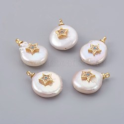Natural Cultured Freshwater Pearl Pendants, with Cubic Zirconia and Brass Findings, Long-Lasting Plated, Star, Real 18K Gold Plated, 14~21x9~16x5~9mm, Hole: 1.5mm(PEAR-F008-18G)