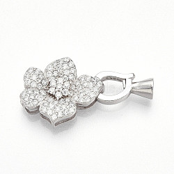 925 Sterling Silver Micro Pave Clear Cubic Zirconia Fold Over Clasps, with S925 Stamp, Flower, Platinum, 25x12x4.3mm, flower: 16x12x4.3mm, Clasps: 11.6x6.2x4, hole: 2.5mm(STER-T008-05P)