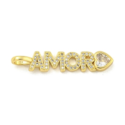 Word AMOR Rack Plating Brass Micro Pave Clear Cubic Zirconia Pendants, Cadmium Free & Lead Free, Real 18K Gold Plated, 33.5x7x3mm, Hole: 4.7x3.5mm(KK-Z053-11G-01)