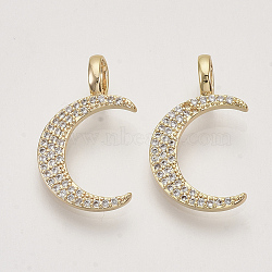 Brass Micro Pave Cubic Zirconia Pendants, Nickel Free, Real 18K Gold Plated, Crescent Moon, Clear, 21.5x12.5x1.5mm, Hole: 3x4mm(KK-T048-044G-NF)