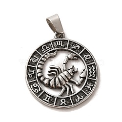 304 Stainless Steel Pendants, Flat Round with Twelve Constellations Charms, Antique Silver, Scorpio, 28x25x2mm, Hole: 7x5mm(STAS-C084-01J-AS)