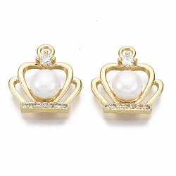 Brass Micro Cubic Zirconia Pendants, with ABS Plastic Imitation Pearl Beads, Nickel Free, Real 18K Gold Plated, Crown, Creamy White, 16x15x6mm, Hole: 1.8mm(KK-N231-97-NF)