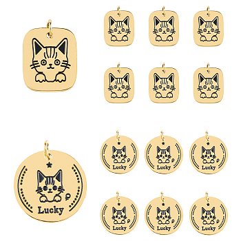 DICOSMETIC 12Pcs 2 Style 316 Surgical Stainless Steel Charms, with Jump Rings and Enamel, Flat Round & Rectangle with Cat, Black, Golden, 12~15x10~15x0.8mm, Hole: 2.8mm, 6pcs/style 