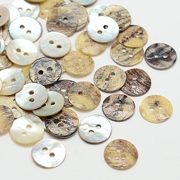 2-Hole Flat Round Mother of Pearl Buttons, Akoya Shell Button, Akoya Shell Button, Tan, 10x1mm, Hole: 1.5mm