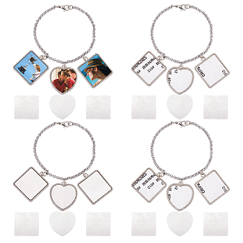 Elite 4 Sets Sublimation Blank Bracelet Making, with Pendants, Iron Rolo Chain, Lobster Claw Clasp and Zinc Alloy Cabochons, Square & Heart, Platinum, 8-1/8 inch(20.5cm)