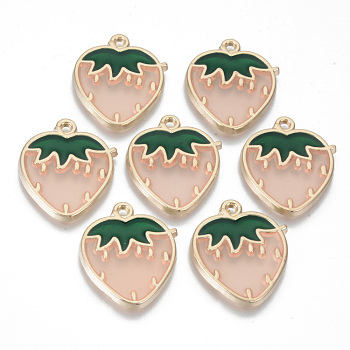 Transparent Epoxy Resin Pendants, with Alloy Findings and Enamel, Cadmium Free & Lead Free, Strawberry, Light Gold, Misty Rose, 27x22x2mm, Hole: 1.8mm