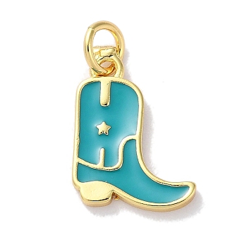 Rack Plated Brass Enamel Charms, with Jump Ring, Long-Lasting Plated, Lead Free & Cadmium Free, Real 18K Gold Plated, Cowboy Boot Charm, Medium Turquoise, 14x11x1.5mm, Hole: 3.4mm