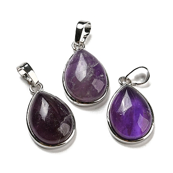Natural Amethyst Pendants, Teardrop Charms with Platinum Plated Brass Snap on Bails, 24x15x7.5mm, Hole: 4x8mm