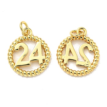 Rack Plating Brass Pendants, with Jump Ring, Lead Free & Cadmium Free, Long-Lasting Plated, Flat Round with Number 24 Charm, Real 18K Gold Plated, 14x12x2mm, Hole: 2.6mm