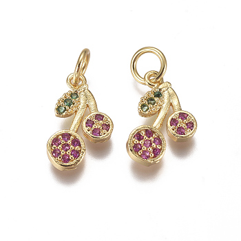 Brass Micro Pave Cubic Zirconia Charms, with Jump Rings, Cherry, Magenta & Green, Golden, 12x7x1.5mm, Hole: 3mm