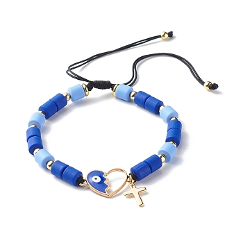 Adjustable Nylon Thread Charm Bracelets, with  Handmade Polymer Clay Beads, Alloy Enamel Heart Link, Brass Cross Charm, Blue, 1/4 inch(0.6cm), Inner Diameter: 2-1/8~4-1/8 inch(5.5~10.5cm)