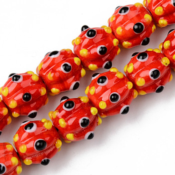 Handmade Lampwork Beads Strands, Bumpy, Corrugated Beads, Round, Orange Red, 14x14x12mm, Hole: 1.5mm, about 45pcs/strand, 25.20 inch(64cm)