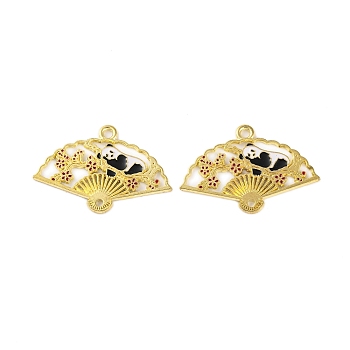 Golden Plated Alloy Enamel Connector Charms, Fan with Panda Links, Cadmium Free & Lead Free, Dark Red, 21x31x1mm, Hole: 1.8mm and 1.4mm