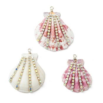 Natural Scallop Shell Pendants, Shell Shape Charms with Brass Crystal AB Rhinestone Findings, Silver Color Plated, Seashell Color, 37~46x27.5~37x5~7mm