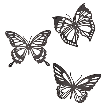 Iron Wall Hanging Ornament, Wall Decoration, Butterfly, Electrophoresis Black, 129~150x152~198x1mm, Hole: 3.7mm, 3pcs/set