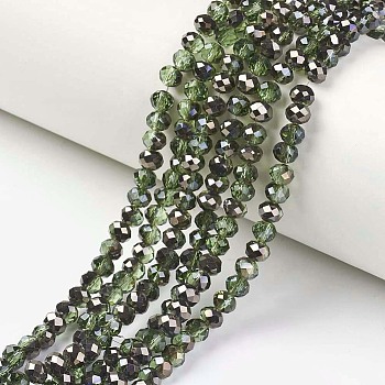 Electroplate Transparent Glass Beads Strands, Half Black Plated, Faceted, Rondelle, Olive Drab, 3x2mm, Hole: 0.8mm, about 150~155pcs/strand, 15~16 inch(38~40cm)