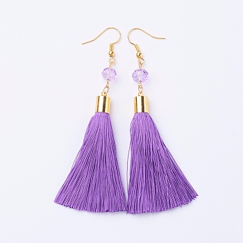 Ice Silk Thread Tassel Dangle Earrings, with Glass Beads and Brass Earring Hooks, Golden, Orchid, 93mm, Pin: 0.6mm, Pendant: 75x8mm