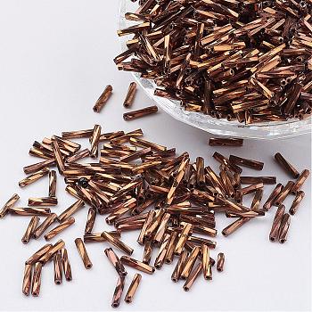 Glass Twisted Bugle Beads, Metallic Colours,Camel, 9x2mm, Hole: 0.5mm, about 7000pcs/bag