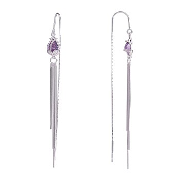 Cubic Zirconia Tulip with Chain Tassel Dangle Earrings, Rhodium Plated 925 Sterling Silver Long Drop Ear Thread for Women, Platinum, 82x7.8mm, Pin: 0.8mm