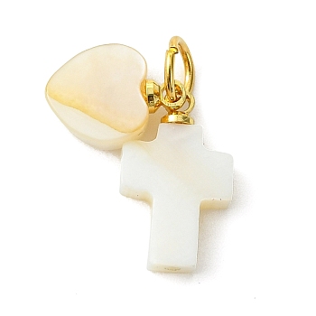Natural Shell Pendants, Religion Cross & Heart Charms with 304 Stainless Steel Jump Rings, Seashell Color, Golden, 11.5x9x3mm and 15.5x9.5x3mm, Hole: 4.5mm