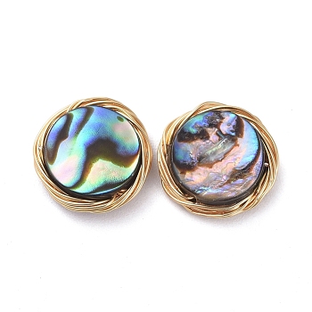 Abalone Shell/Paua Shell Copper Wire Wrapped Flat Round Cabochons, Golden, 10x3mm