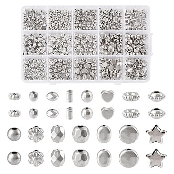 Pandahall 585Pcs 15 Styles CCB Plastic Beads, Faceted, Mixed Shape, Platinum, 4~9x4~10mm, Hole: 1~2.5mm