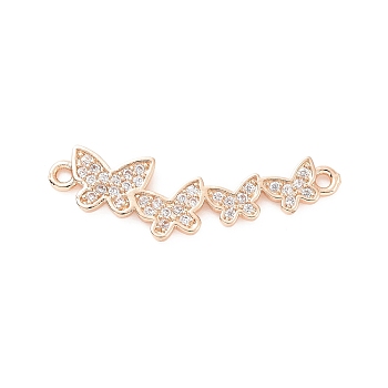 Brass Micro Pave Clear Cubic Zirconia Connector Charms, Butterfly Links, Light Gold, 9.5x29.5x1.5mm, Hole: 1.4mm