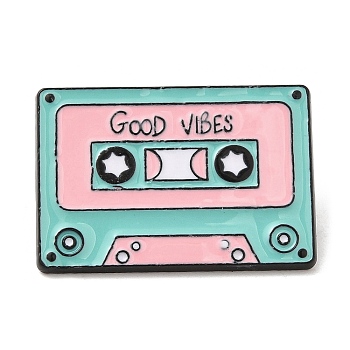 Cassette with Word Good Vibes Enamel Pins, Electrophoresis Black Plated Alloy Brooch, Turquoise, 20.5x29.5x1.5mm
