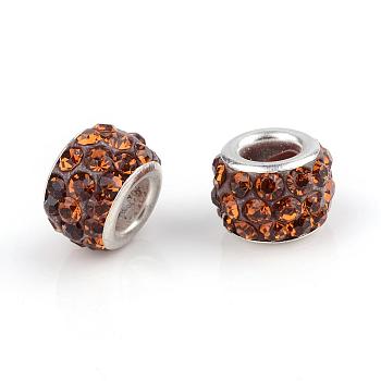 Polymer Clay Rhinestone European Beads, Large Hole Beads, Rondelle, with Silver Color Plated Brass Cores, Coffee, 10~12x7~8mm, Hole: 5mm
