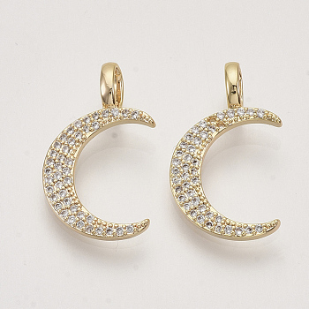 Brass Micro Pave Cubic Zirconia Pendants, Nickel Free, Real 18K Gold Plated, Crescent Moon, Clear, 21.5x12.5x1.5mm, Hole: 3x4mm