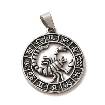 304 Stainless Steel Pendants, Flat Round with Twelve Constellations Charms, Antique Silver, Scorpio, 28x25x2mm, Hole: 7x5mm