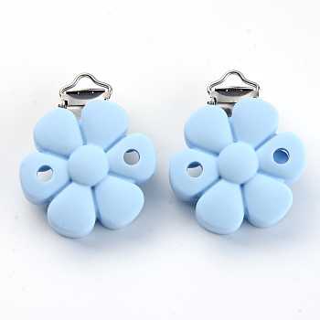 Food Grade Eco-Friendly Silicone Baby Pacifier Clips, with 304 Stainless Steel Clips, Flower, Stainless Steel Color, Light Sky Blue, 52x40x23mm, Hole: 4x12.5mm and 5mm