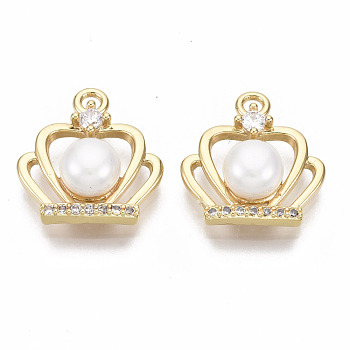 Brass Micro Cubic Zirconia Pendants, with ABS Plastic Imitation Pearl Beads, Nickel Free, Real 18K Gold Plated, Crown, Creamy White, 16x15x6mm, Hole: 1.8mm