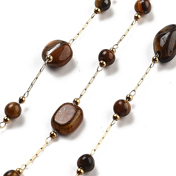 Handmade Nuggets Natural Tiger Eye Beaded Chains, with Ion Plating(IP) 304 Stainless Steel Paperclip Chains, Unwelded, Real 18K Gold Plated, 2.2x1x0.5mm