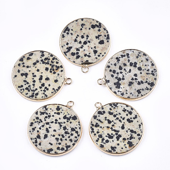 Natural Dalmatian Jasper Pendants, with Brass Findings, Flat Round, Golden, 35~36x31~32x3mm, Hole: 2mm