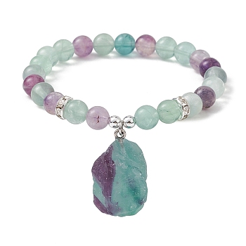 Natural Rainbow Fluorite & Synthetic Hematite Beaded Stretch Bracelet, with Nugget Charms, Inner Diameter: 2-1/2 inch(6.2cm)