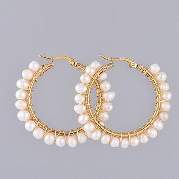 304 Stainless Steel Hoop Earrings, with Natural Cultured Freshwater Pearl, Copper Wire, Golden, 44x6mm, Pin: 0.6x1mm
