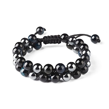 Stone Multi-strand Braided Bead Bracelet for Men Women, Natural Tiger Eye & Non-Magnetic Synthetic Hematite & Natural Obsidian Round Beads Bracelet, Inner Diameter: 2~2-3/4 inch(5~7.1cm)