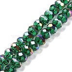 Transparent Electroplate Glass Beads Strands, Faceted, Rondelle, Half Rainbow Plated, Green, 7.5~8x6.5~7mm, Hole: 1.4mm, about 65pcs/strand, 16.77 inch(42.6cm)(GLAA-F122-04A)