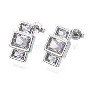 Cubic Zirconia Rectangle Dangle Stud Earrings, Real Platinum Plated Brass Jewelry for Women, Nickel Free, Clear, 14.5x8.5mm, Pin: 0.8mm(EJEW-N011-53-02P)