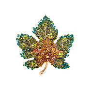 Autumn Maple Leaf Light Gold Alloy Rhinestone Brooch Pins, for Sweaters Coats, Smoked Topaz, 50x47mm(PW-WG57699-04)
