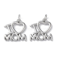 Mother's Day Rack Plating Brass Charms, with Jump Ring, Cadmium Free & Lead Free, Long-Lasting Plated, Word I Love Mom Charm, Platinum, 14.5x14.5x1.5mm, Hole: 3.2mm(KK-P245-05P)