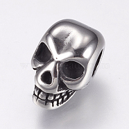 304 Stainless Steel European Beads, Large Hole Beads, Skull, Antique Silver, 12.5x8x8.5mm, Hole: 4mm(STAS-F144-102AS)