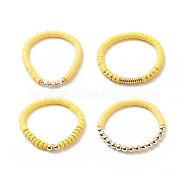 4Pcs 4 Color Handmade Polymer Clay Disc Surfer Bracelets Set, Brass Crown Beaded Preppy Bracelets for Women, Yellow, Inner Diameter: 2-1/8~2-3/8 inch(5.3~5.9cm), 1Pc/style(BJEW-JB08802)