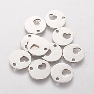 201 Stainless Steel Charms, Flat Round with Heart, Stainless Steel Color, 11.8x1mm, Hole: 1.5mm(STAS-Q201-T146)