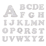 26 Letters Cloth Iron/Sew on Patches, with Crystal Rhinestone & Glitter Powder, Costume Accessories, Alphabet, Silver, 46~50x25~65x1.5mm, 26pcs/set(PJ-TAC0004-04E)