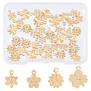 40Pcs 4 Style Rack Plating Brass Charms, Long-Lasting Plated, Flower & Clover, Golden, 9~11x6.5~9x1mm, Hole: 0.8~1.2mm, 10pcs/style(KK-FH0005-57)