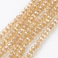 Electroplate Glass Beads Strands, AB Color Plated, Faceted, Rondelle, Wheat, 6x4mm, Hole: 1mm, about 85~88pcs/strand, 16.1~16.5 inch(41~42cm)(EGLA-D020-6x4mm-49)