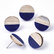 Resin & Wood Stud Earrings, with 304 Stainless Steel Pin, Flat Round, Dark Blue, 15mm, Pin: 0.7mm(EJEW-N017-003A-C01)